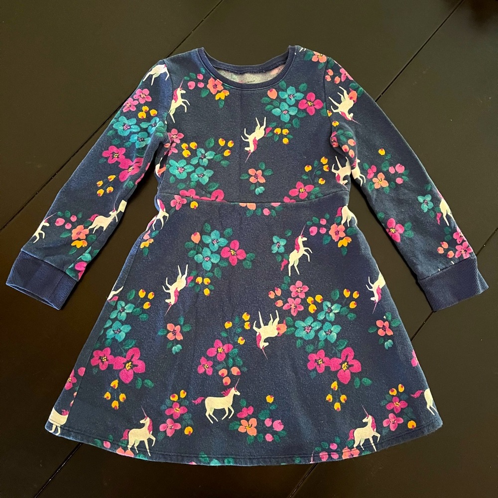 Jumping Beans navy floral unicorn little girls long sleeve knit dress size 5